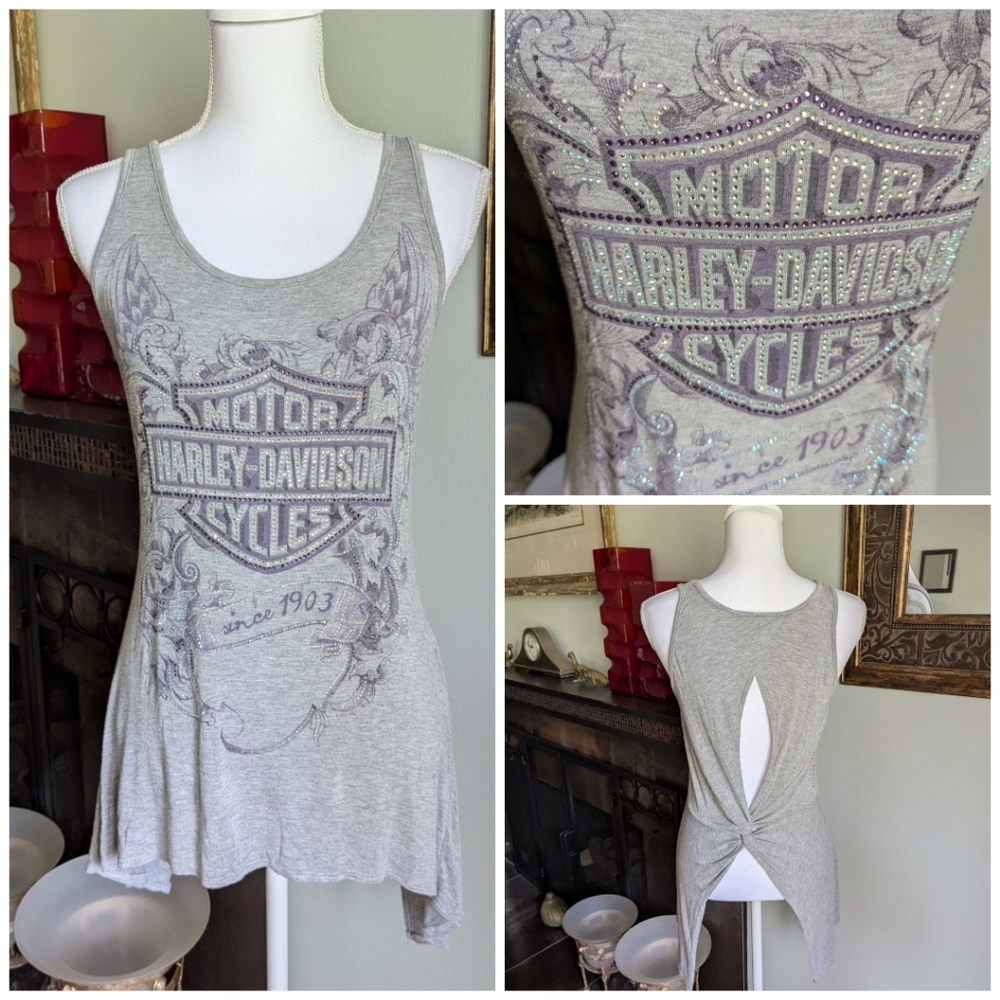 HARLEY DAVIDSON Motorcycles Women’s Small Rhinestone Tank Top Gray Purple 109